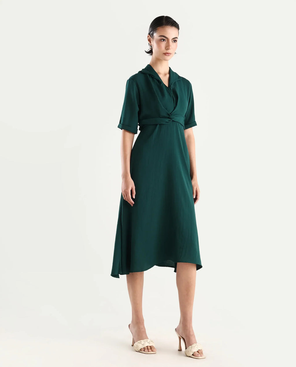 Rareism Women's Fedrez Green Polyester Cowl Neck Plain Bell Sleeve Maxi Flared Dress