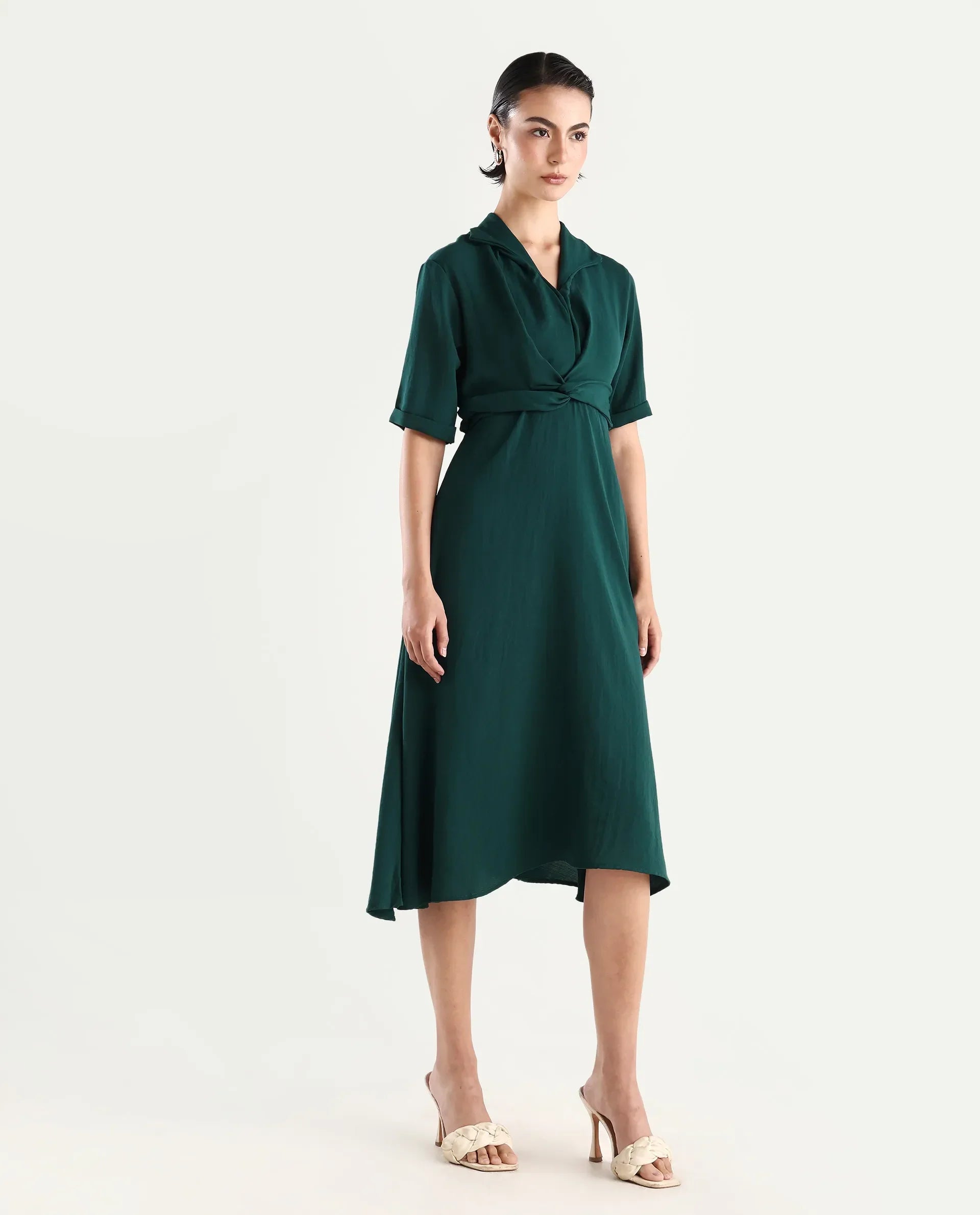 Rareism Women's Fedrez Green Polyester Cowl Neck Plain Bell Sleeve Maxi Flared Dress