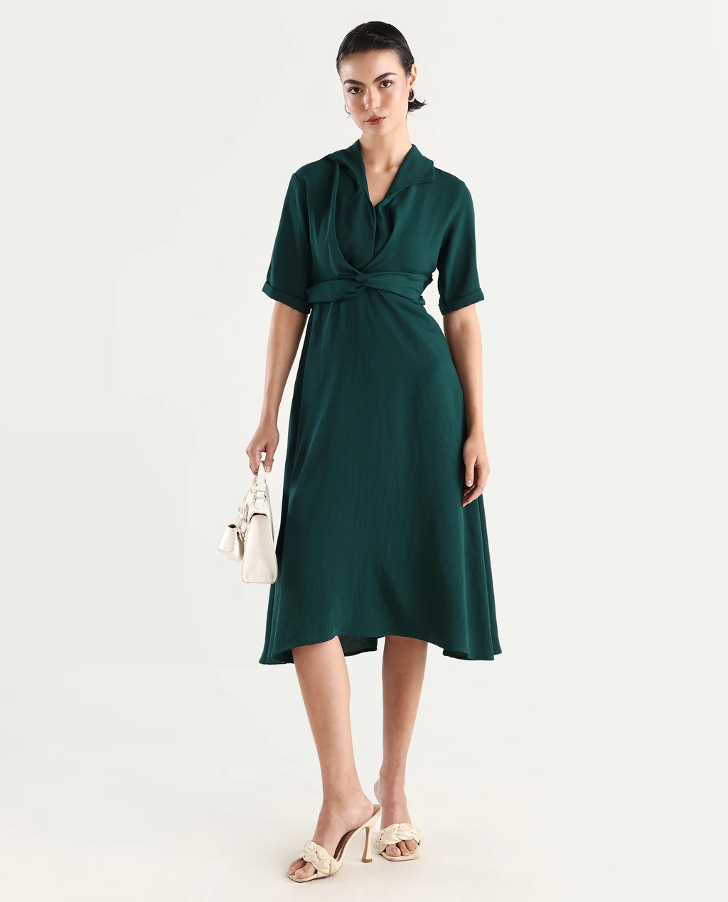 Rareism Women's Fedrez Green Polyester Cowl Neck Plain Bell Sleeve Maxi Flared Dress