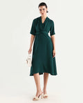 Rareism Women's Fedrez Green Polyester Cowl Neck Plain Bell Sleeve Maxi Flared Dress