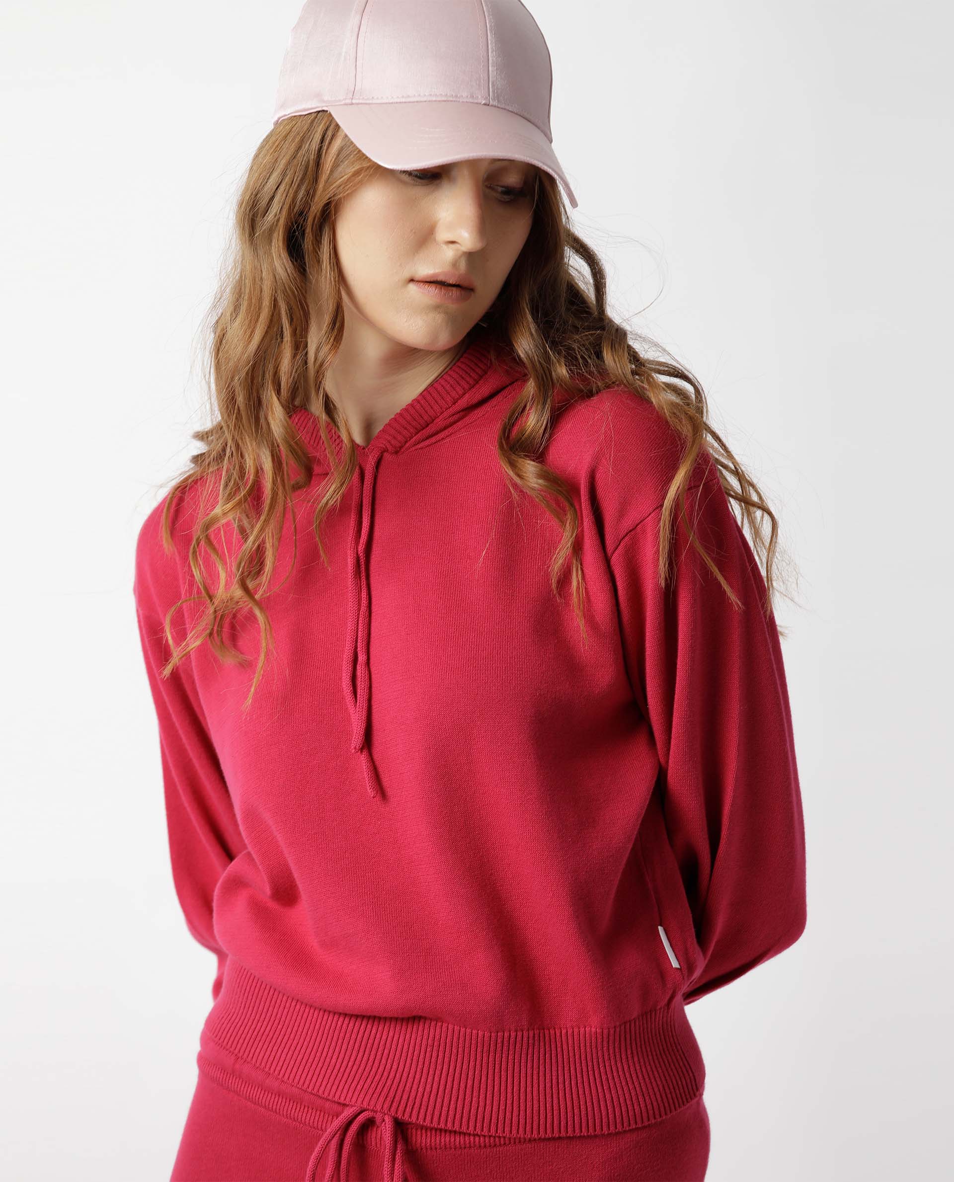 Rareism Women's Finn Sweat Dark Pink Cotton Hooded Plain Relaxed Fit Sweater