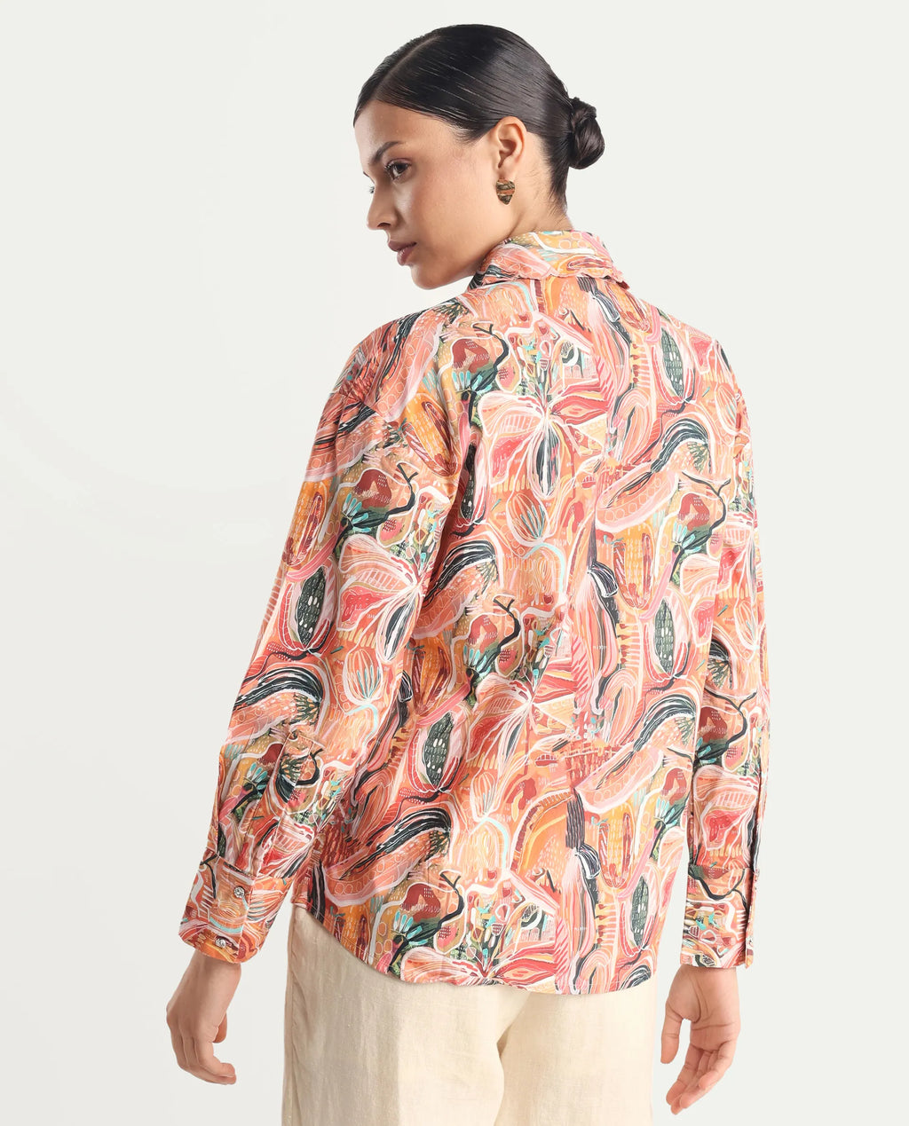 Rareism Women's Fitte Multi Cotton Drop Collar Abstract Print Cuffed Sleeve Regular Fit Shirt