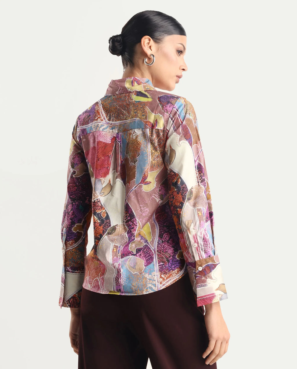Rareism Women's Fittop Multi Cotton Spread Collar Abstract Print Cuffed Sleeve Regular Fit Top