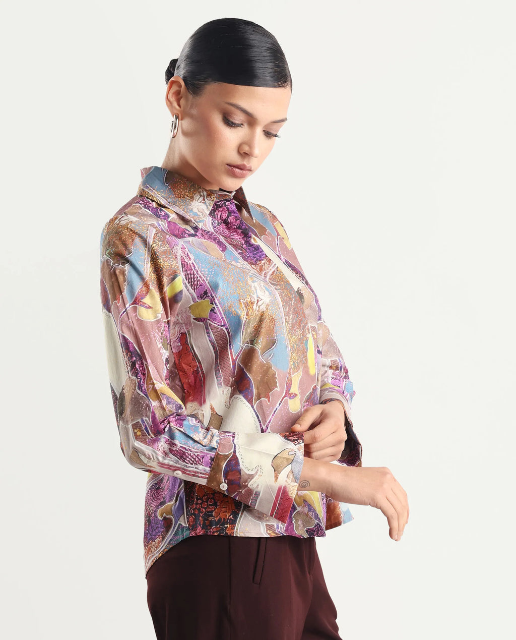 Rareism Women's Fittop Multi Cotton Spread Collar Abstract Print Cuffed Sleeve Regular Fit Top