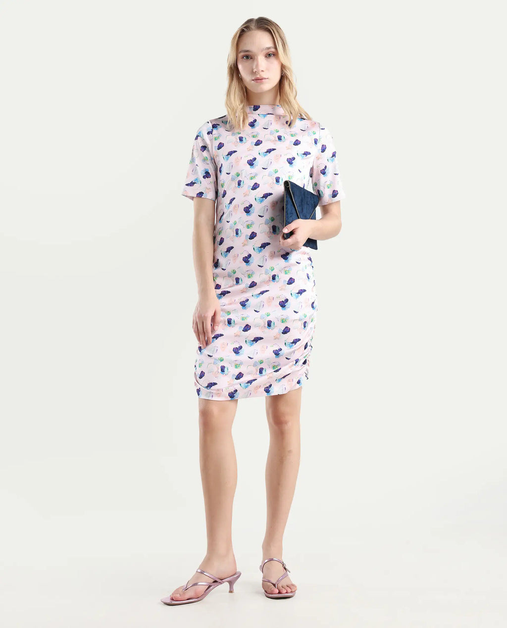 Rareism Women's Flirty Pink Modal High Neck Abstract Print Knee Length Regular Fit Dress