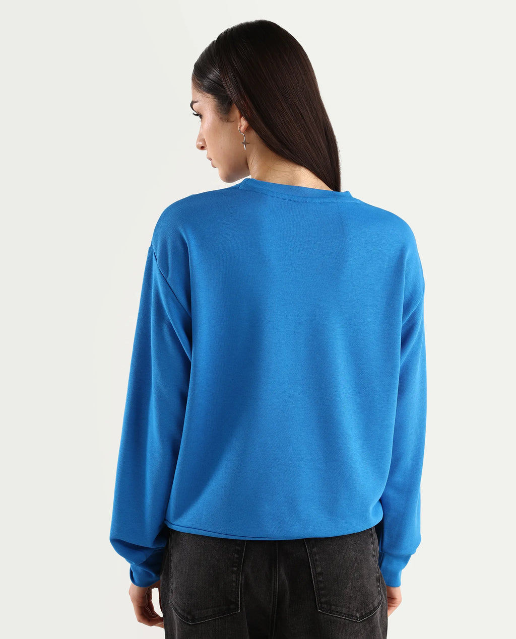 Rareism Women's Flowe Blue Cotton Blend Crew Neck Graphic Print Regular Fit Sweatshirt