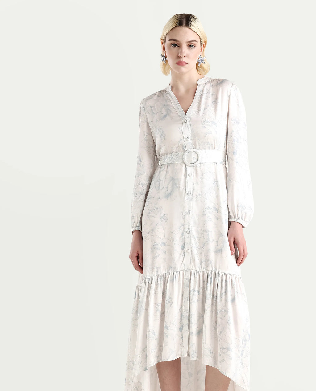Rareism Women's Freno Off White Cotton Blend V-Neck Floral Print Maxi Straight Fit Dress