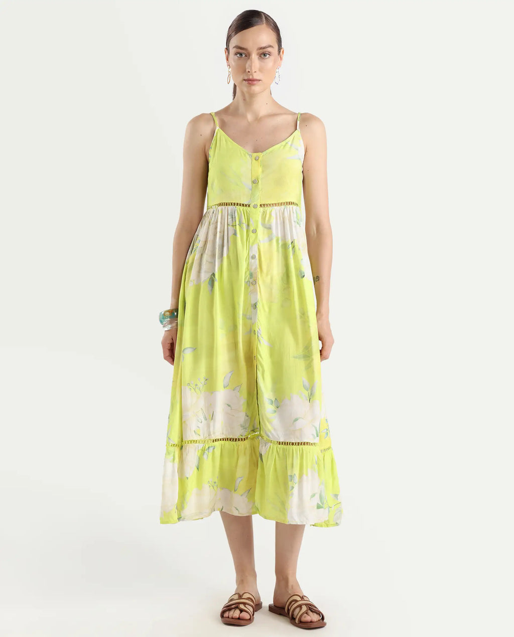 Rareism Women's Galina Flouroscent Green Viscose V-Neck Floral Print Shoulder Strap Maxi Fit And Flare Dress