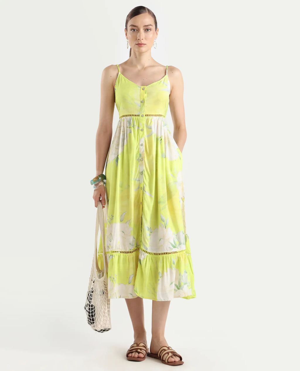 Rareism Women's Galina Flouroscent Green Viscose V-Neck Floral Print Shoulder Strap Maxi Fit And Flare Dress