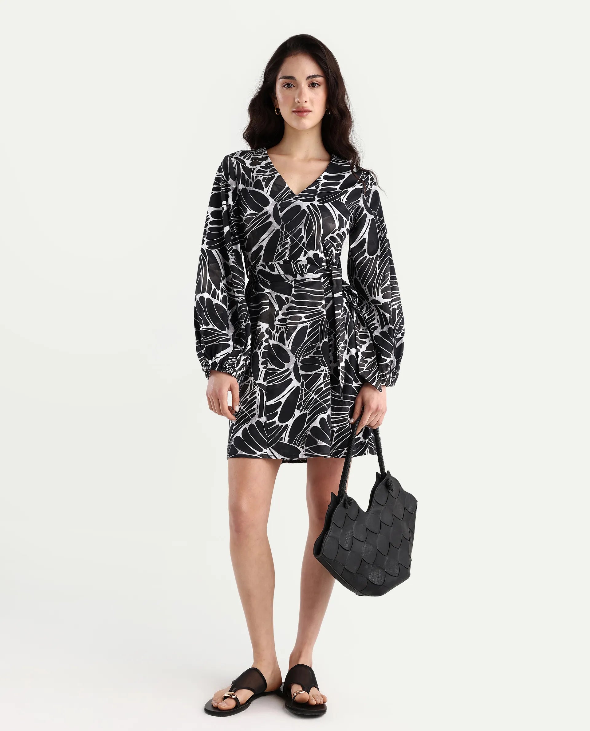 Rareism Women's Garber Black Cotton V-Neck Floral Print Bishop Sleeve Mini A-Line Dress