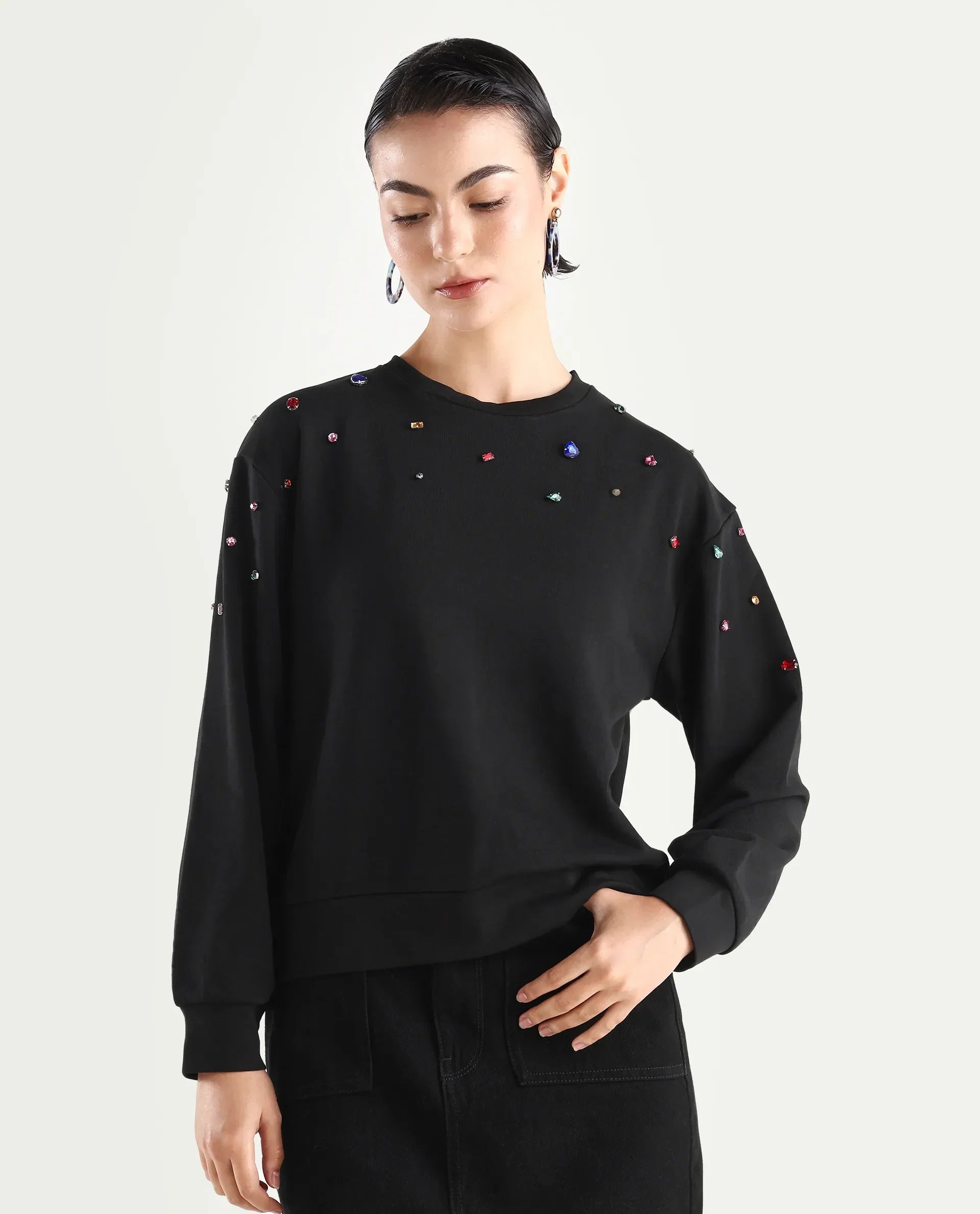 Rareism Women's Gera Black Cotton Blend Crew Neck Plain Relaxed Fit Sweatshirt