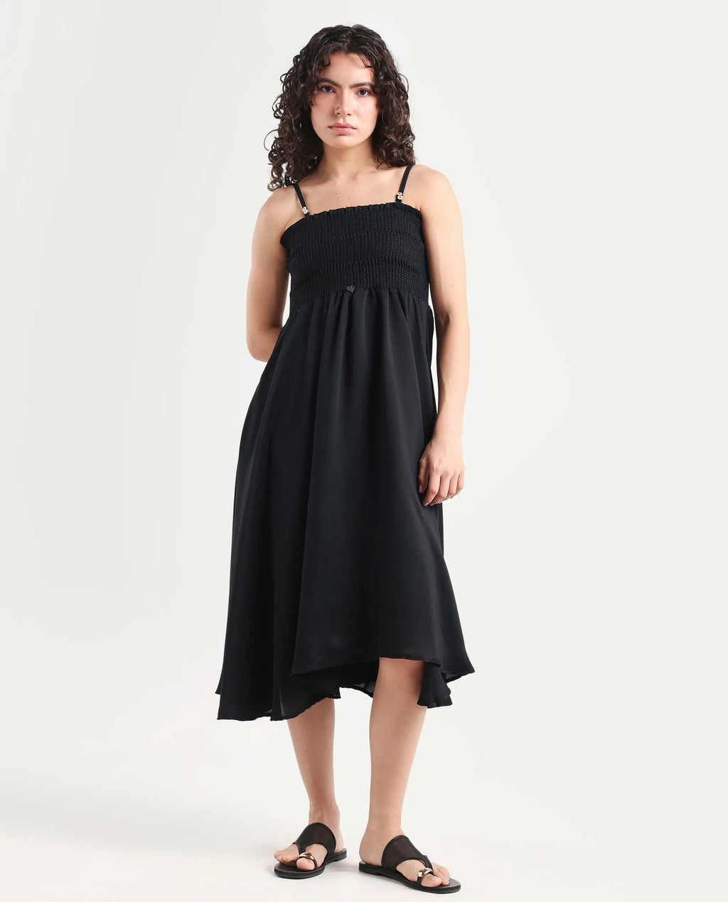 Rareism Women's Gimpel Black Viscose Blend Collarless Plain Shoulder Strap Maxi Fit And Flare Dress