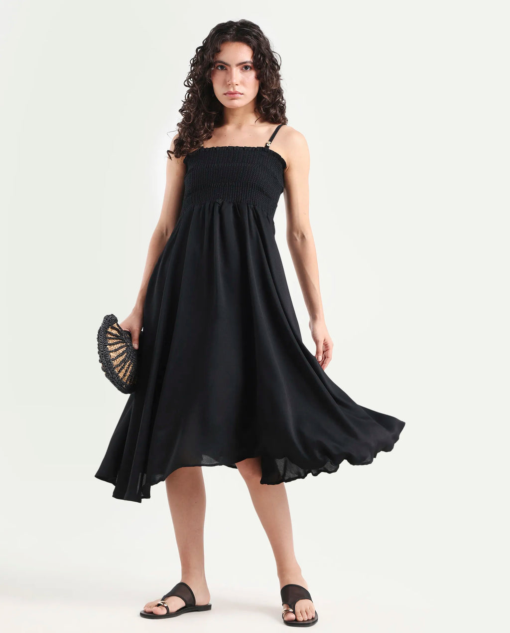 Rareism Women's Gimpel Black Viscose Blend Collarless Plain Shoulder Strap Maxi Fit And Flare Dress
