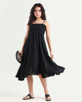 Rareism Women's Gimpel Black Viscose Blend Collarless Plain Shoulder Strap Maxi Fit And Flare Dress