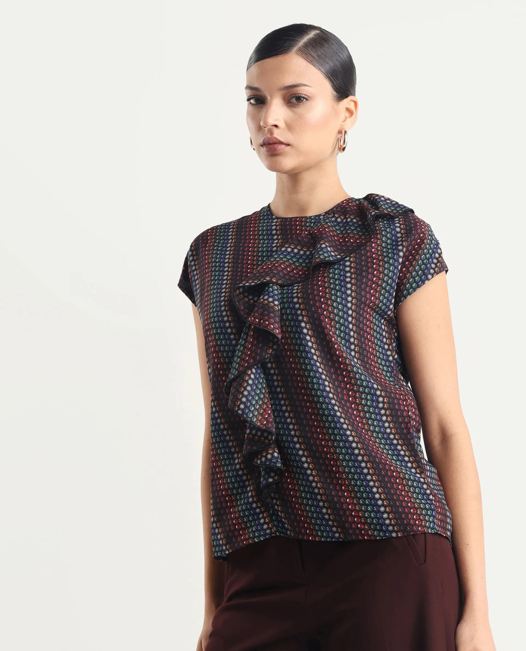 Rareism Women's Gingan Dark Multi Polyester Crew Neck Geometric Print Extended Sleeves Regular Fit Top