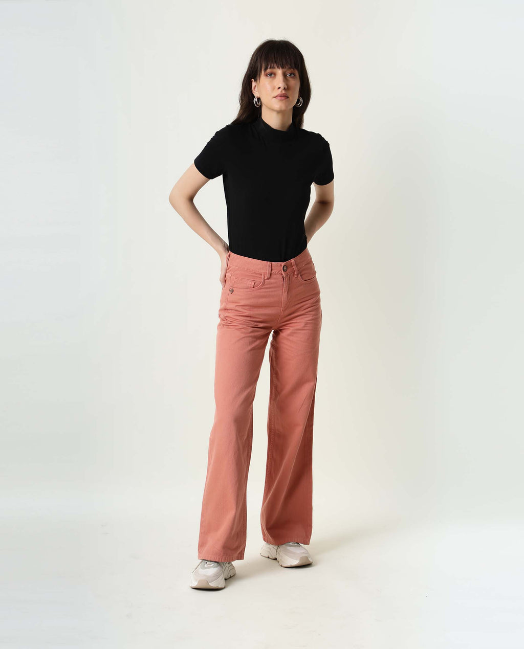 Rareism Women's Ginno Peach Cotton Plain Ankle Length Regular Fit Trouser