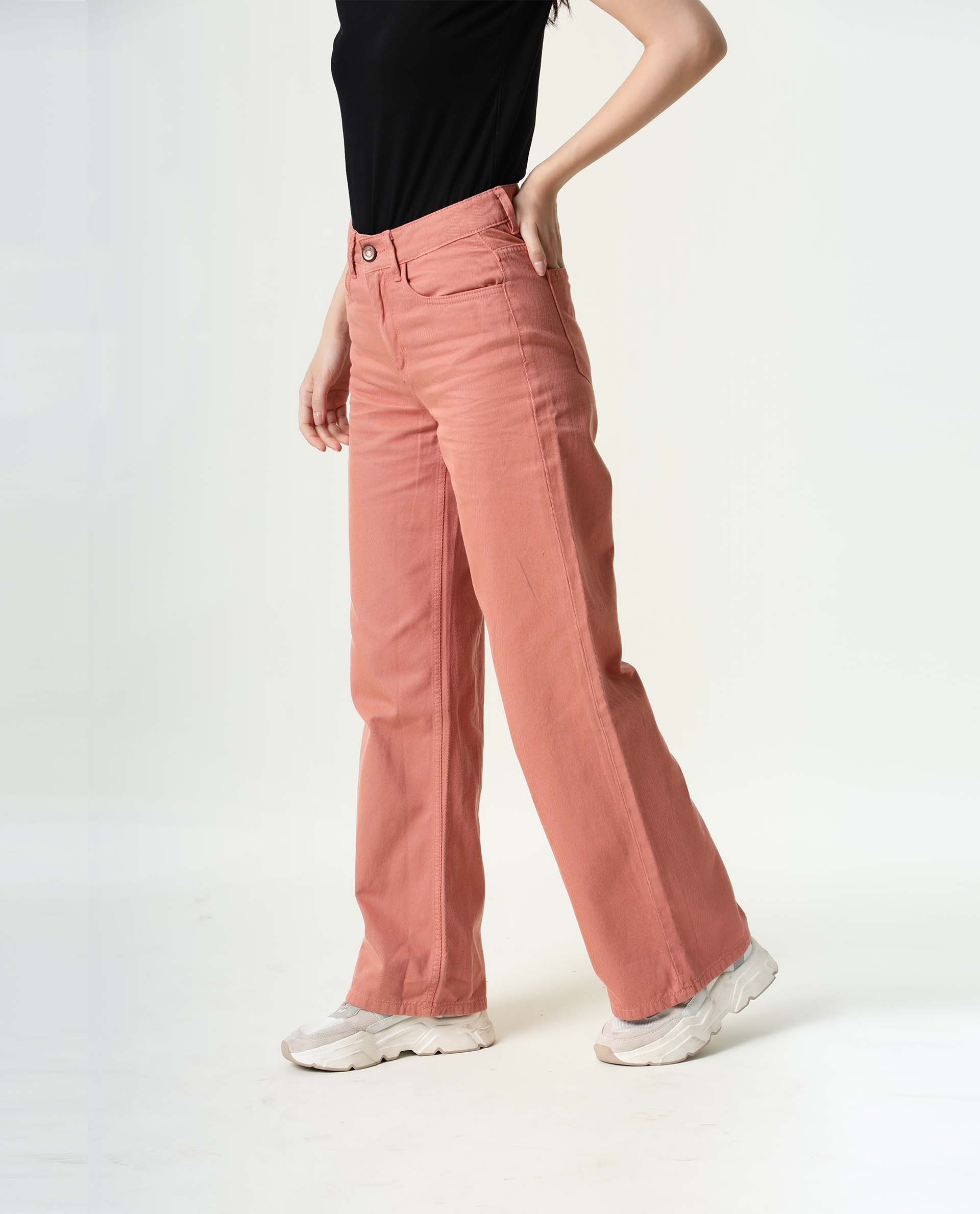 Rareism Women's Ginno Peach Cotton Plain Ankle Length Regular Fit Trouser