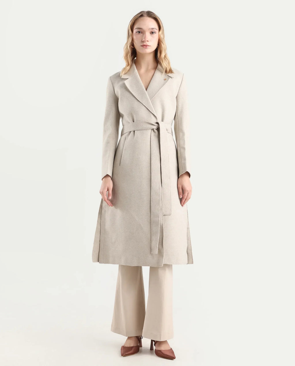 Rareism Women's Gisbory Off White Polyester Blend Lapel Collar Coat Plain Coat