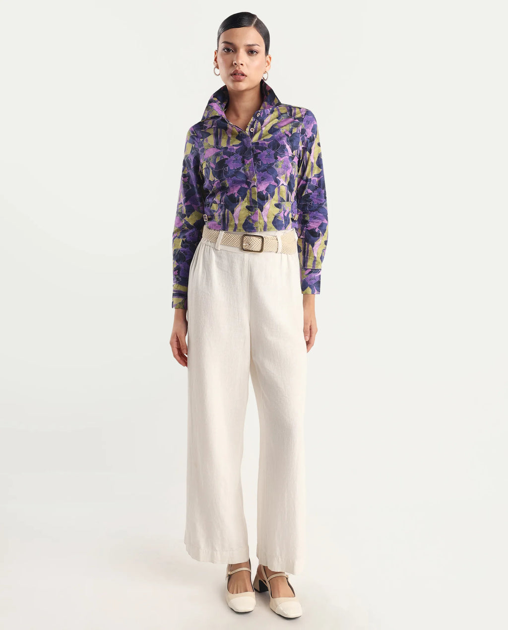 Rareism Women's Gistero Multi Cotton Spread Collar Abstract Print Cuffed Sleeve Crop Regular Fit Top