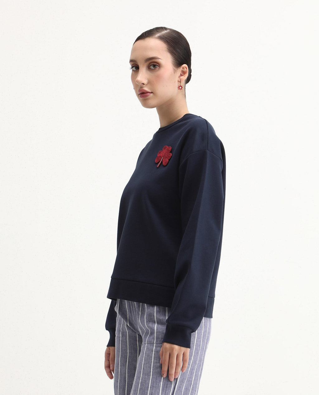 Rareism Women's Greta Navy Cotton Blend Crew Neck Regular Fit Printed Sweatshirt