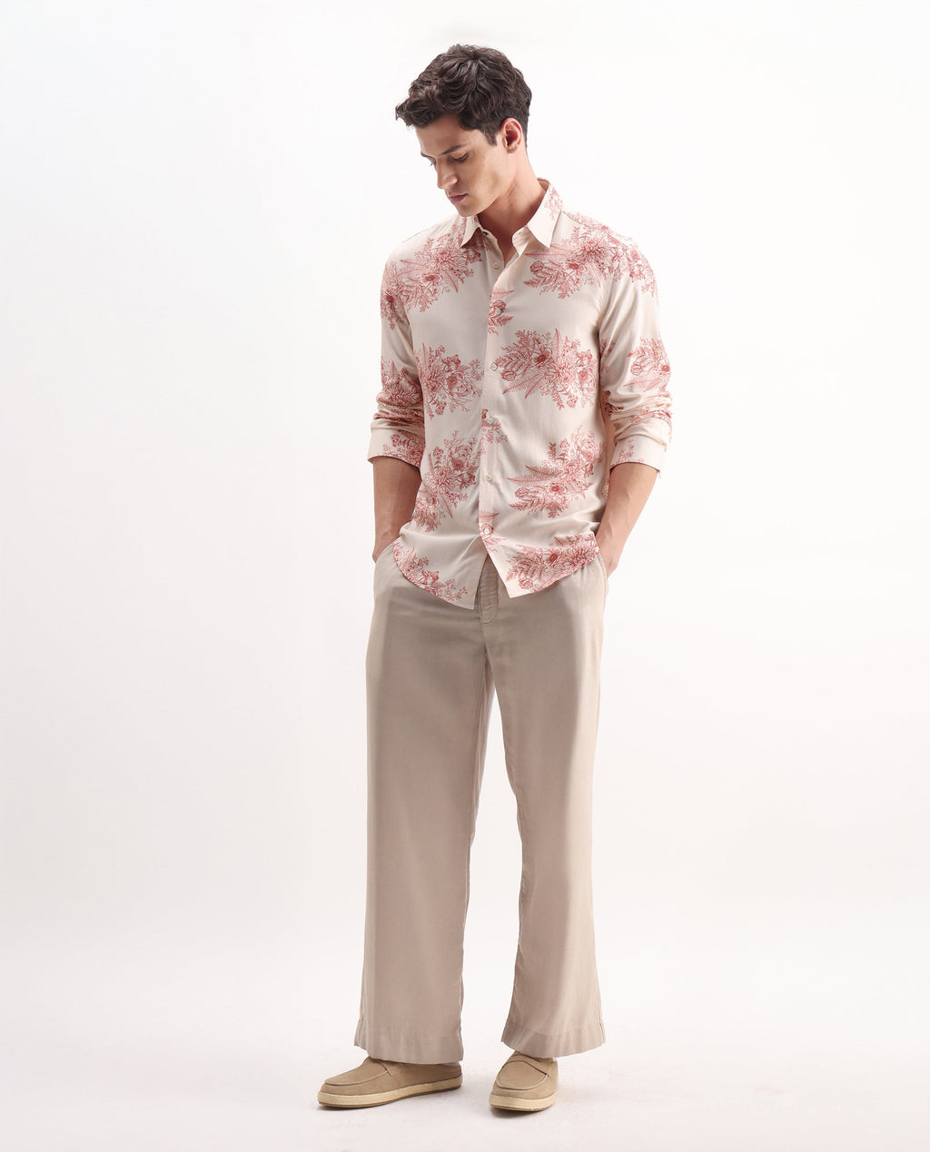 Rare Rabbit Men's Grim Peach Viscose Floral Print Regular Fit Full Sleeve Collared Shirt