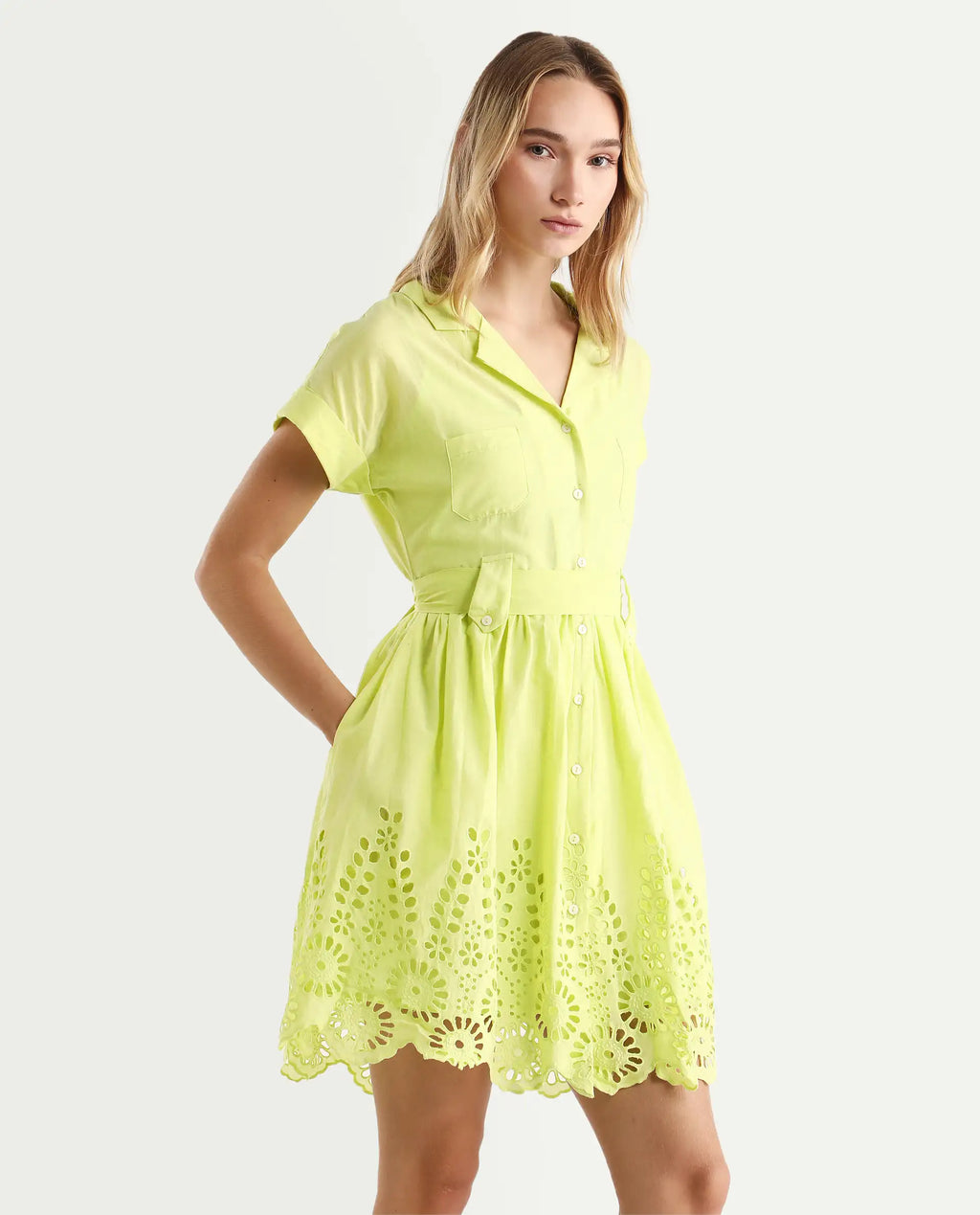 Rareism Women's Gunthaar Light Green Cotton Lapel Neck Schiffli Extended Sleeves Mini Flared Dress