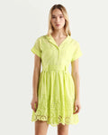 Rareism Women's Gunthaar Light Green Cotton Lapel Neck Schiffli Extended Sleeves Mini Flared Dress