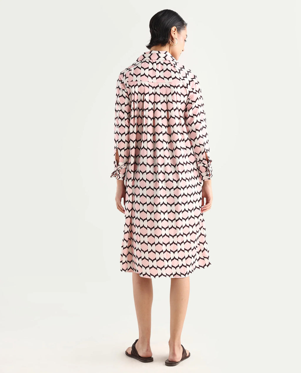 Rareism Women's Gyumri Light Multi Twill Spread Collar Geometric Print Raglan Sleeve Midi A-Line Dress