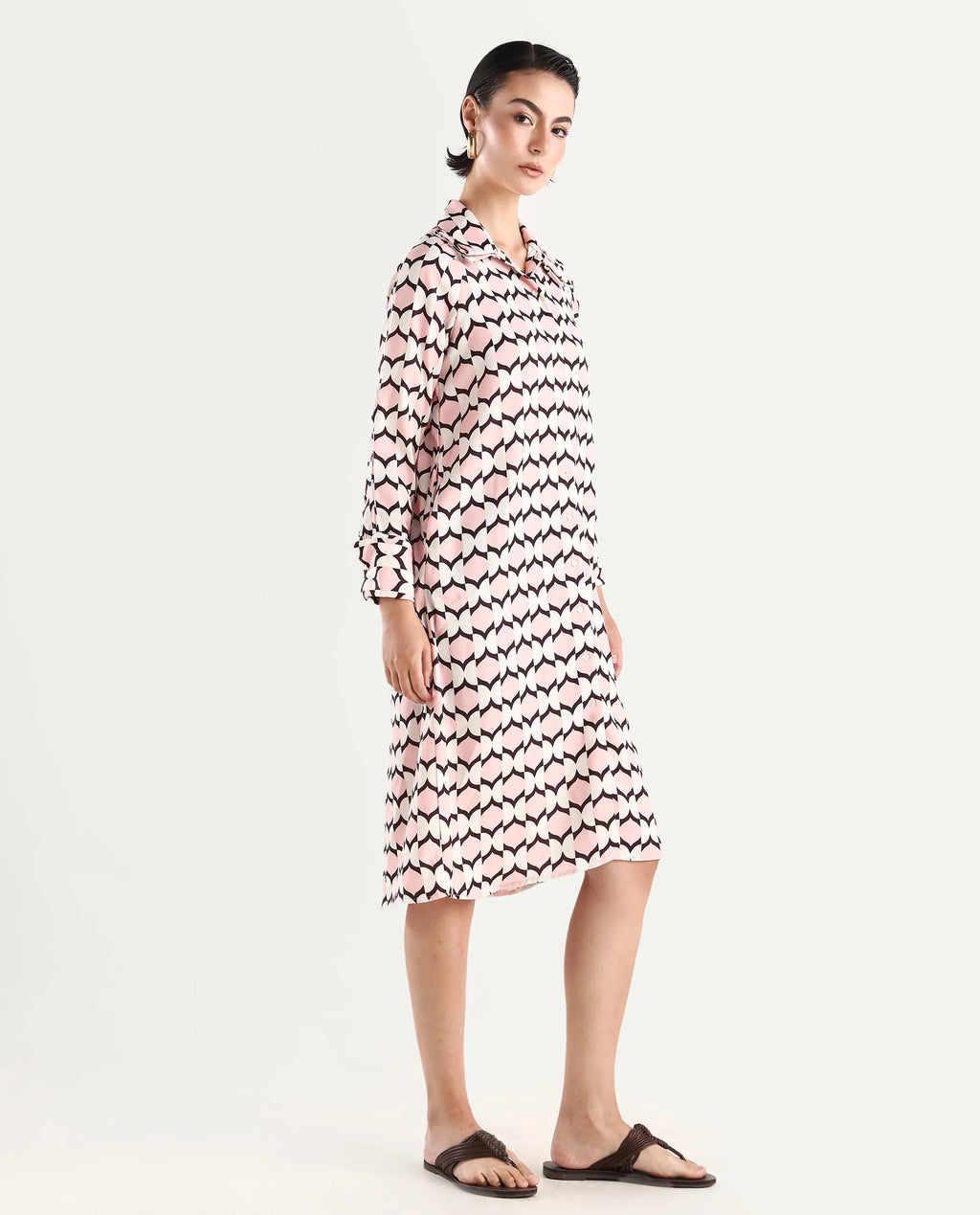 Rareism Women's Gyumri Light Multi Twill Spread Collar Geometric Print Raglan Sleeve Midi A-Line Dress