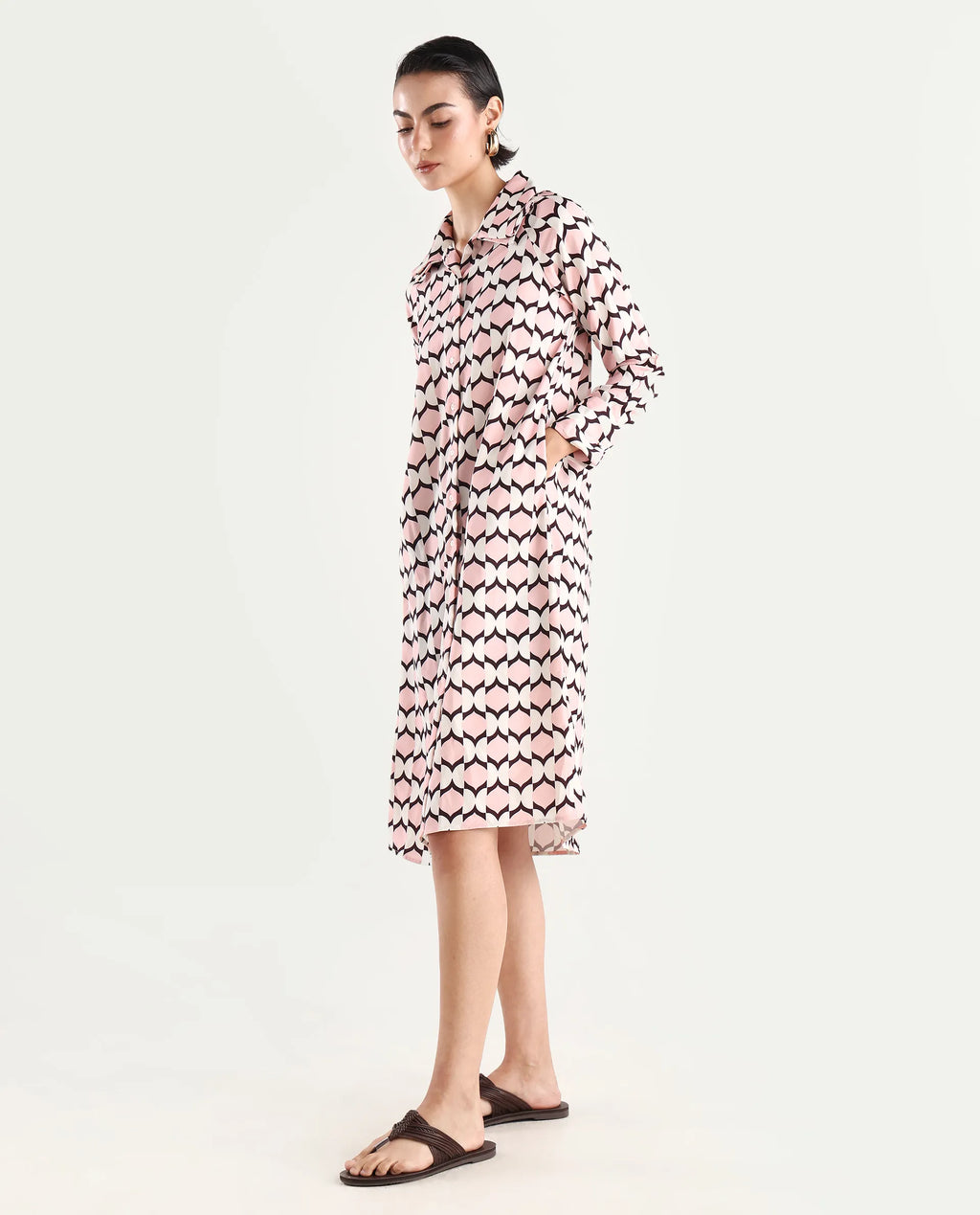 Rareism Women's Gyumri Light Multi Twill Spread Collar Geometric Print Raglan Sleeve Midi A-Line Dress