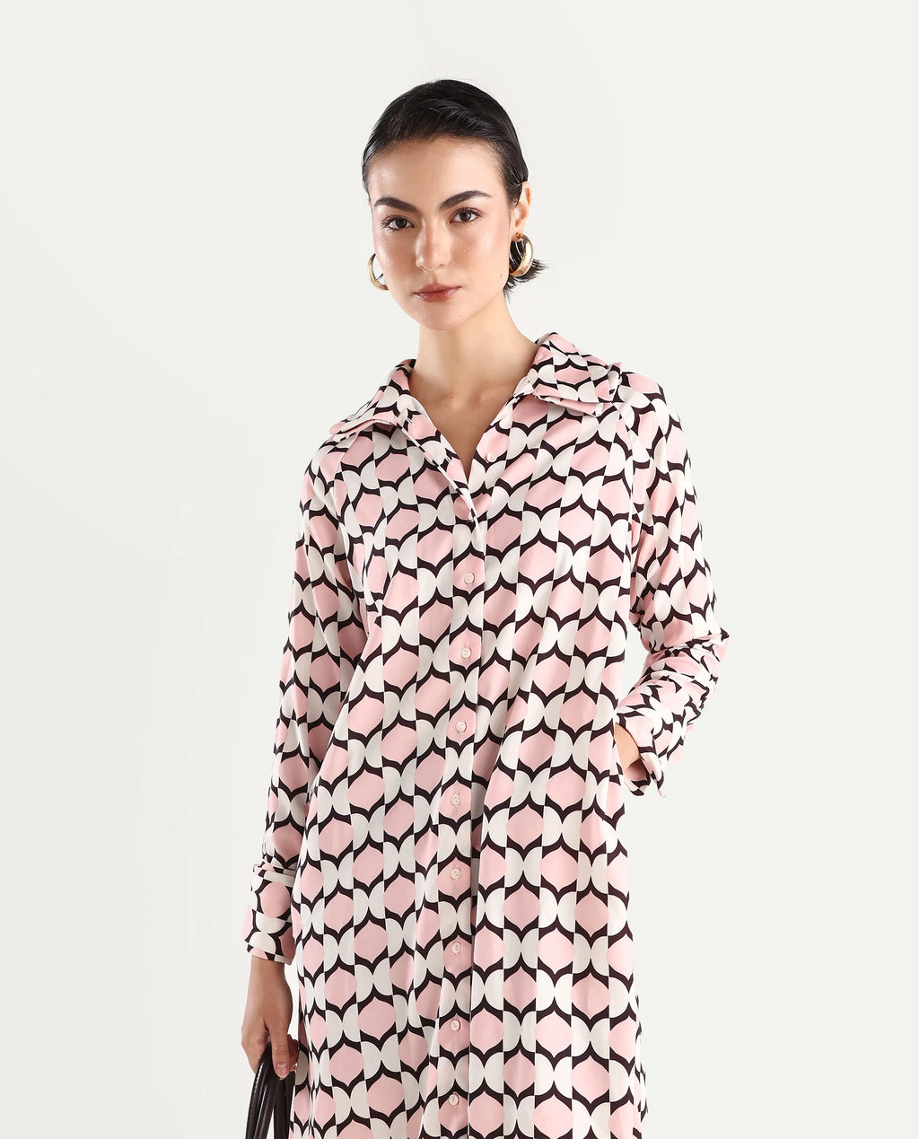 Rareism Women's Gyumri Light Multi Twill Spread Collar Geometric Print Raglan Sleeve Midi A-Line Dress