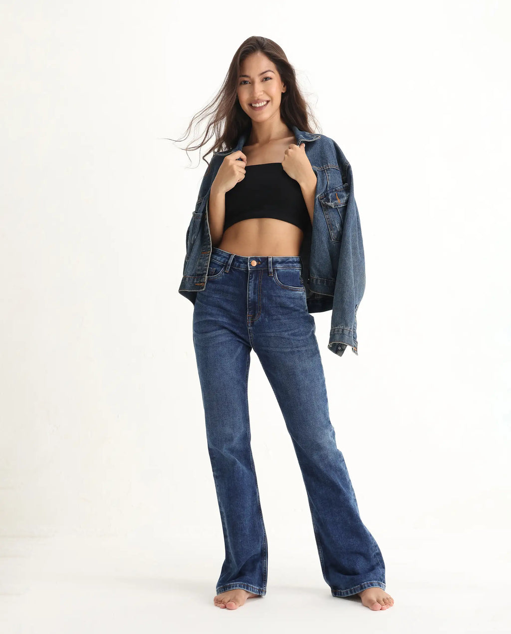 Rareism Women's Hadley Blue Cotton Blend Plain Ankle Length Iconic Bootcut Jeans