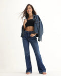 Rareism Women's Hadley Blue Cotton Blend Plain Ankle Length Iconic Bootcut Jeans