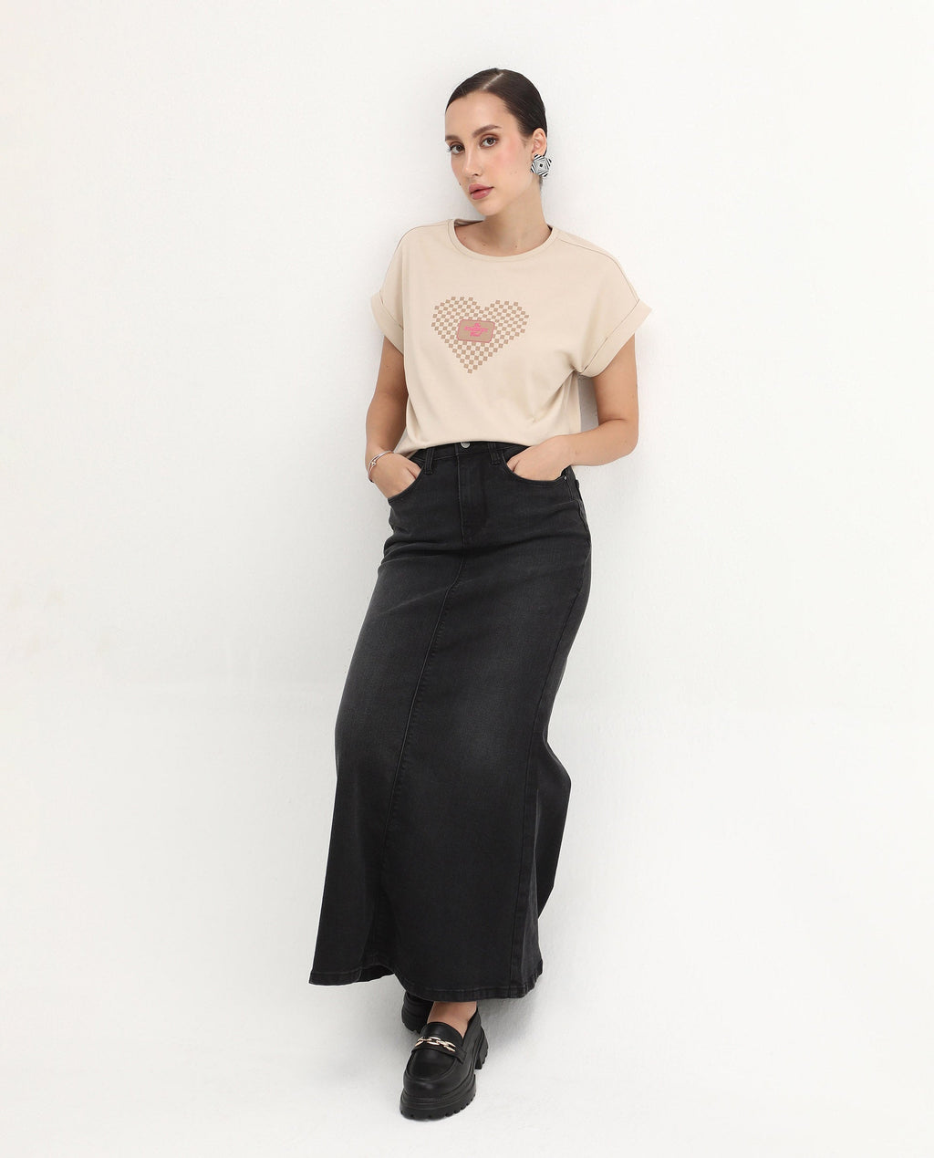 Rareism Women's Hamo Beige Cotton Crew Neck Relaxed Fit T-Shirt
