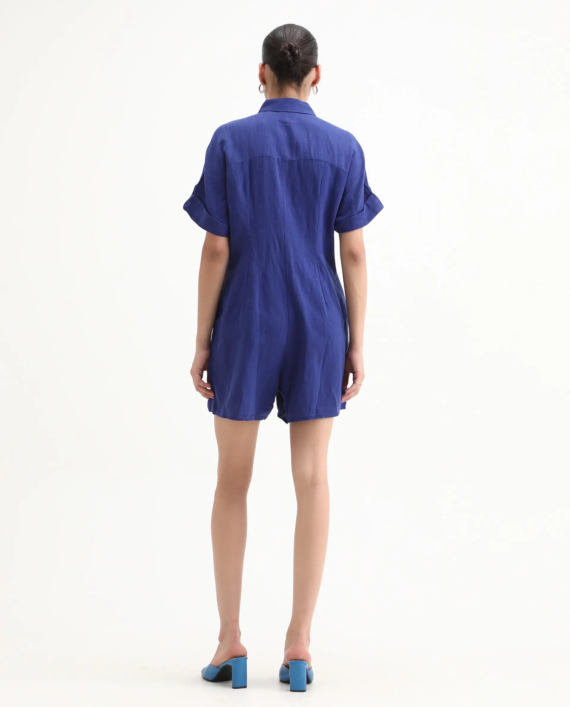 Rareism Women's Hamster Blue Linen Spread Collar Plain Knee Length Regular Fit Jumpsuit