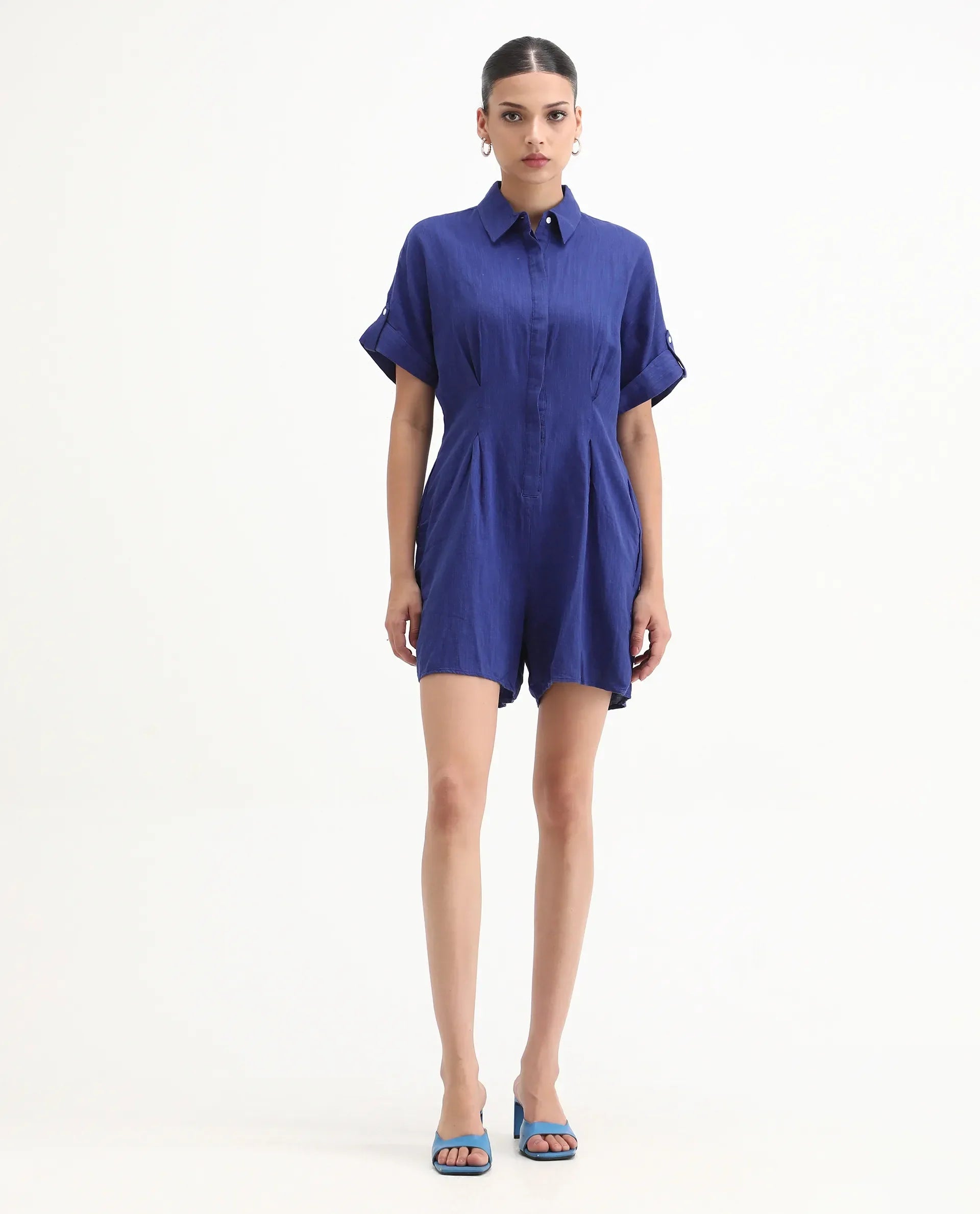 Rareism Women's Hamster Blue Linen Spread Collar Plain Knee Length Regular Fit Jumpsuit