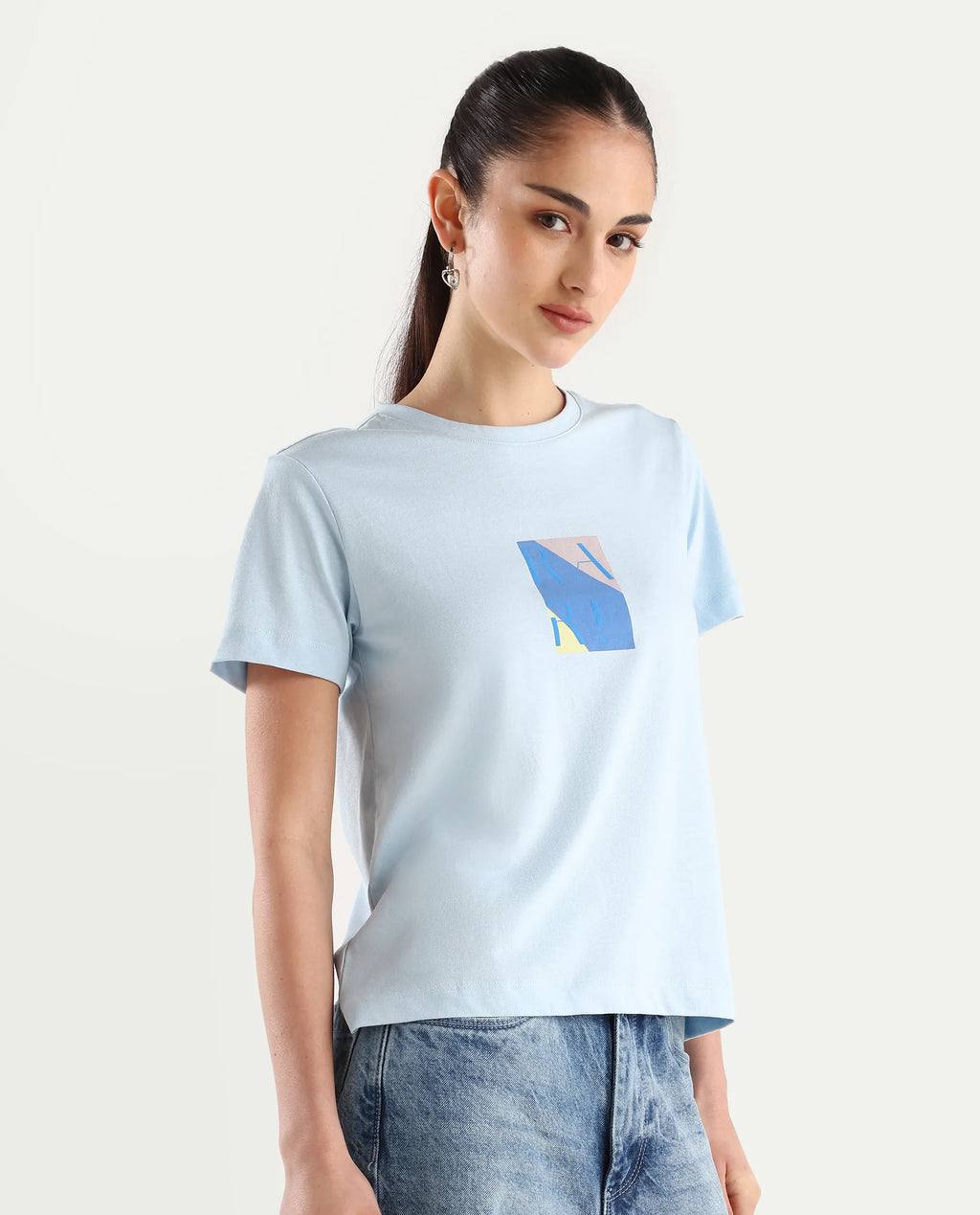 Rareism Women's Hanna Light Blue Cotton Blend Crew Neck Graphic Print Regular Fit T-Shirt