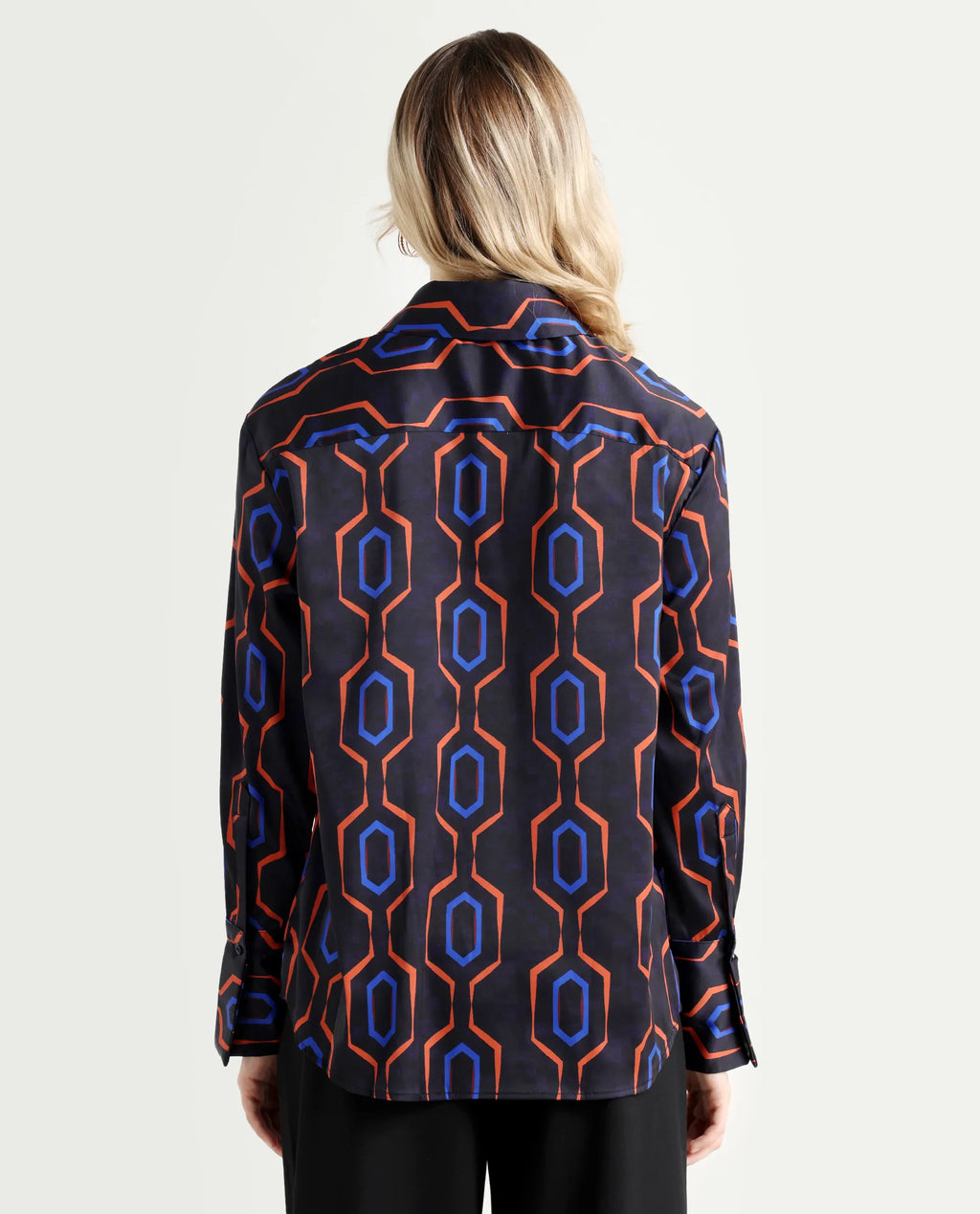 Rareism Women's Harbe Black Polyester Spread Collar Geometric Print Regular Fit Shirt