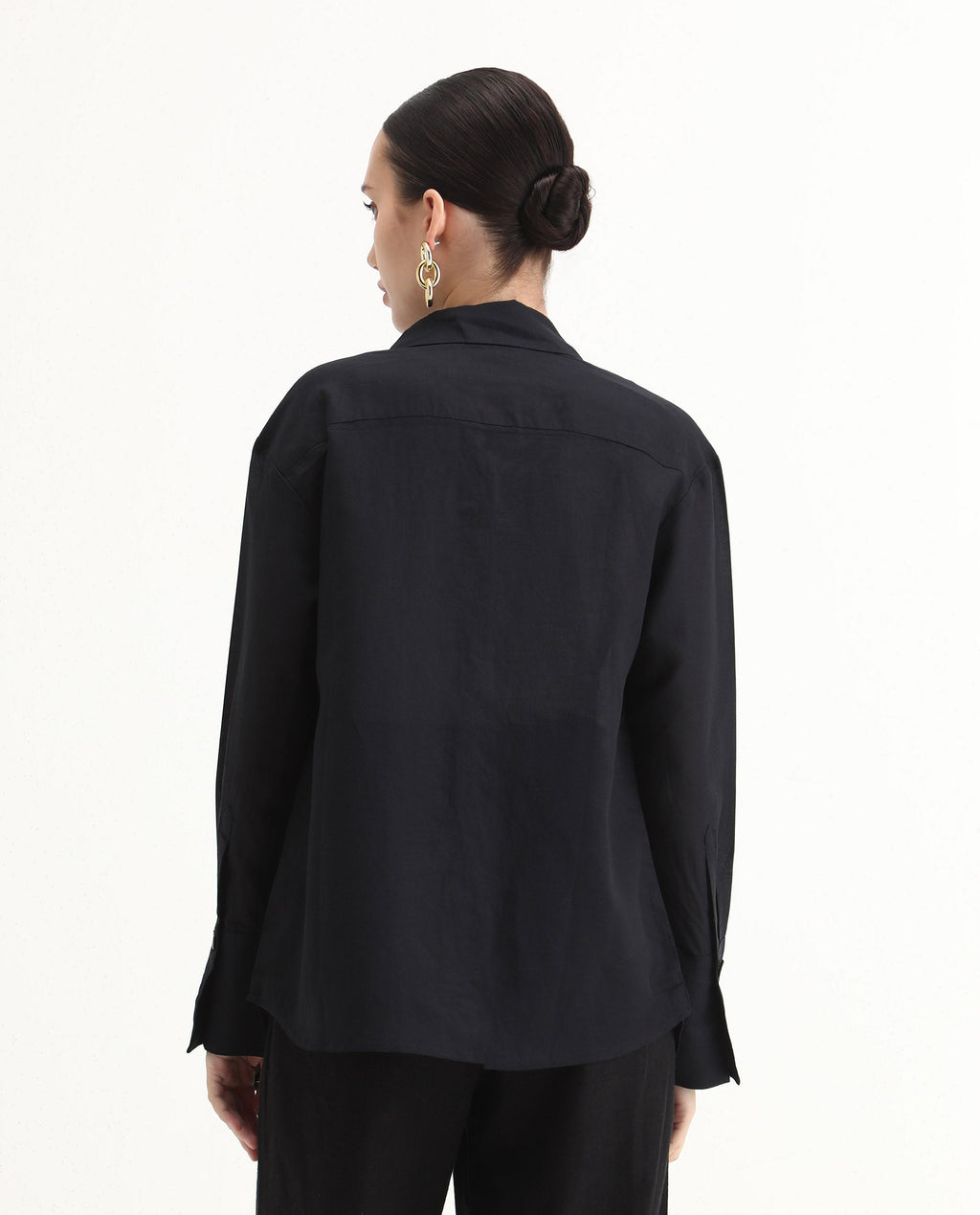 Rareism Women's Harper Black Linen Spread Collar Plain Regular Fit Top