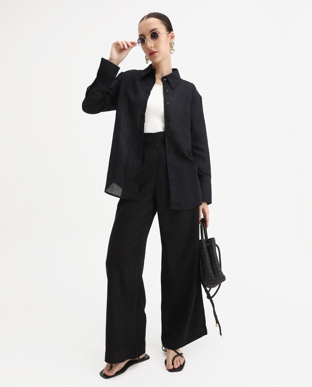 Rareism Women's Harper Black Linen Spread Collar Plain Regular Fit Top