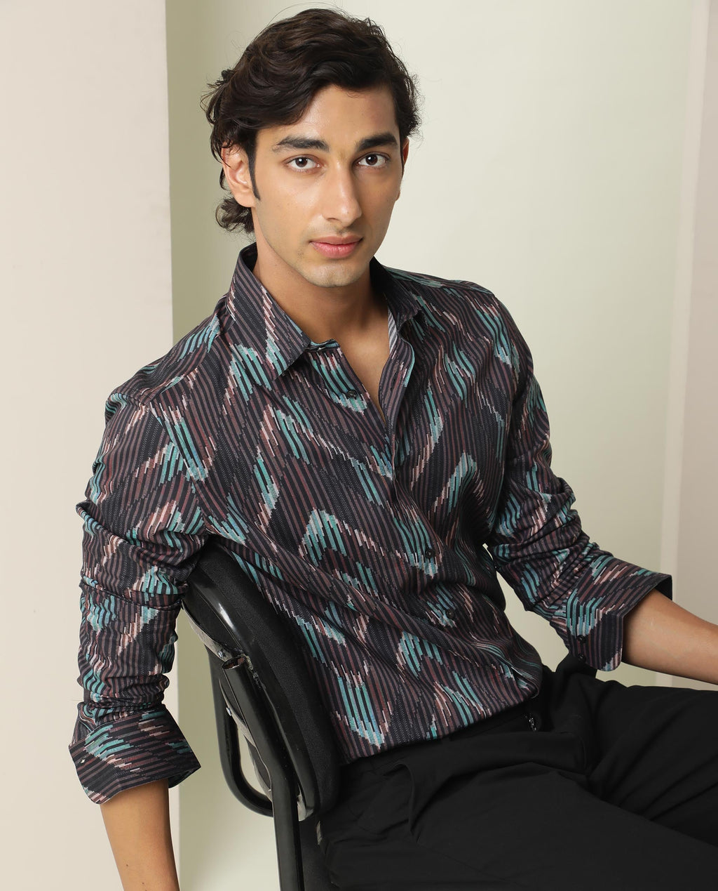 Rare Rabbit Men's Stria Brown Viscose Abstract Print Regular Fit Full Sleeve Collared Shirt