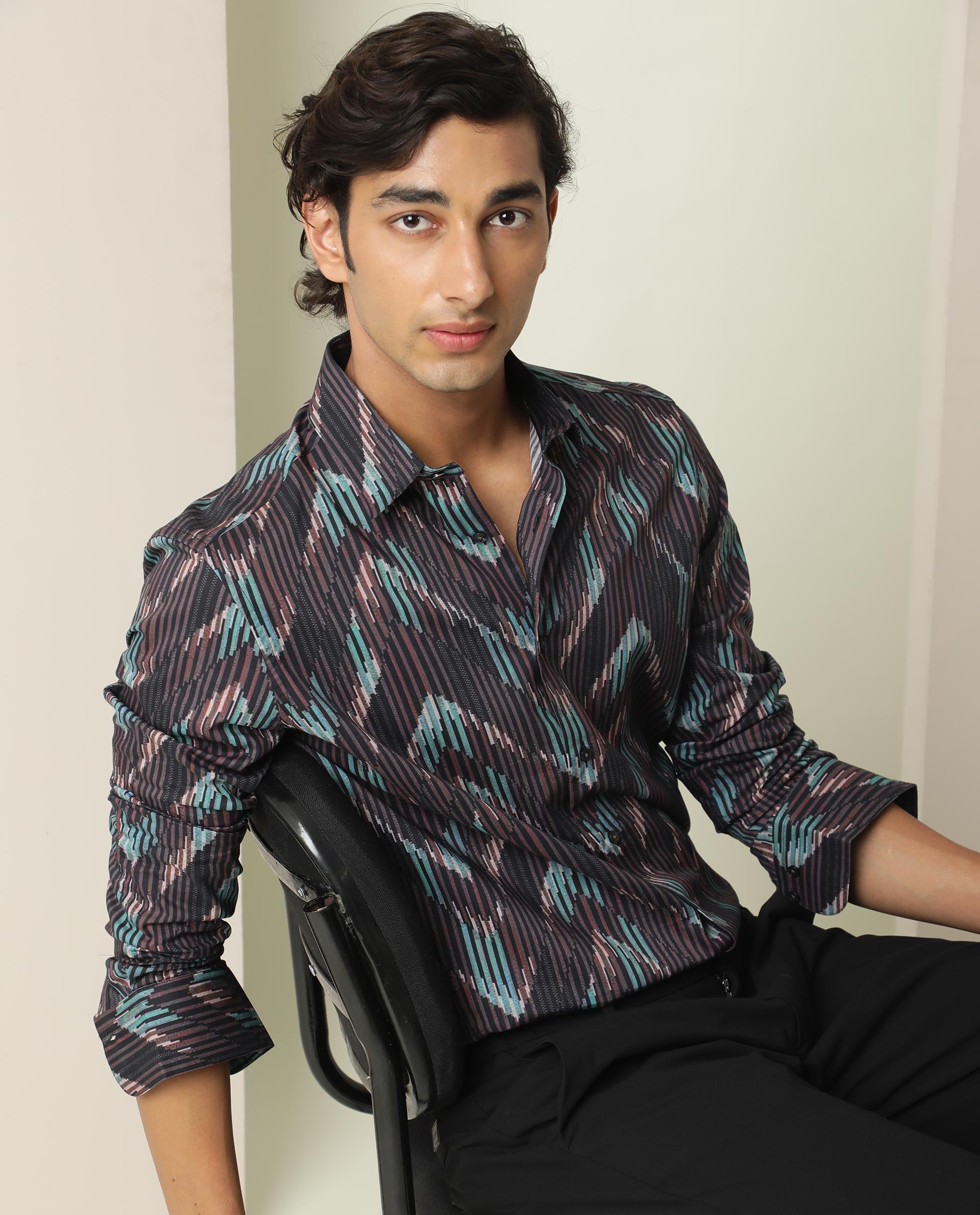 Rare Rabbit Men's Stria Brown Viscose Abstract Print Regular Fit Full Sleeve Collared Shirt