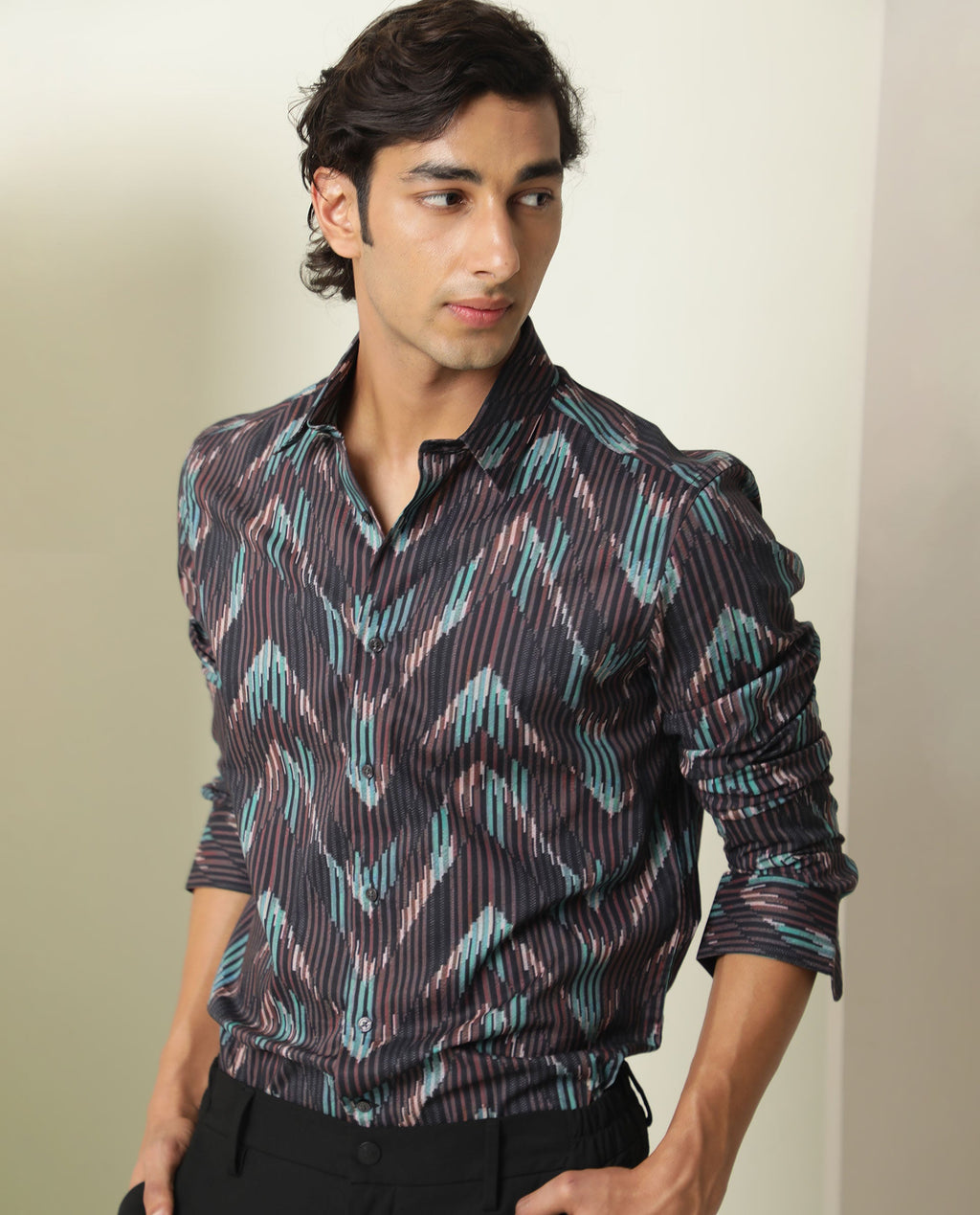 Rare Rabbit Men's Stria Brown Viscose Abstract Print Regular Fit Full Sleeve Collared Shirt