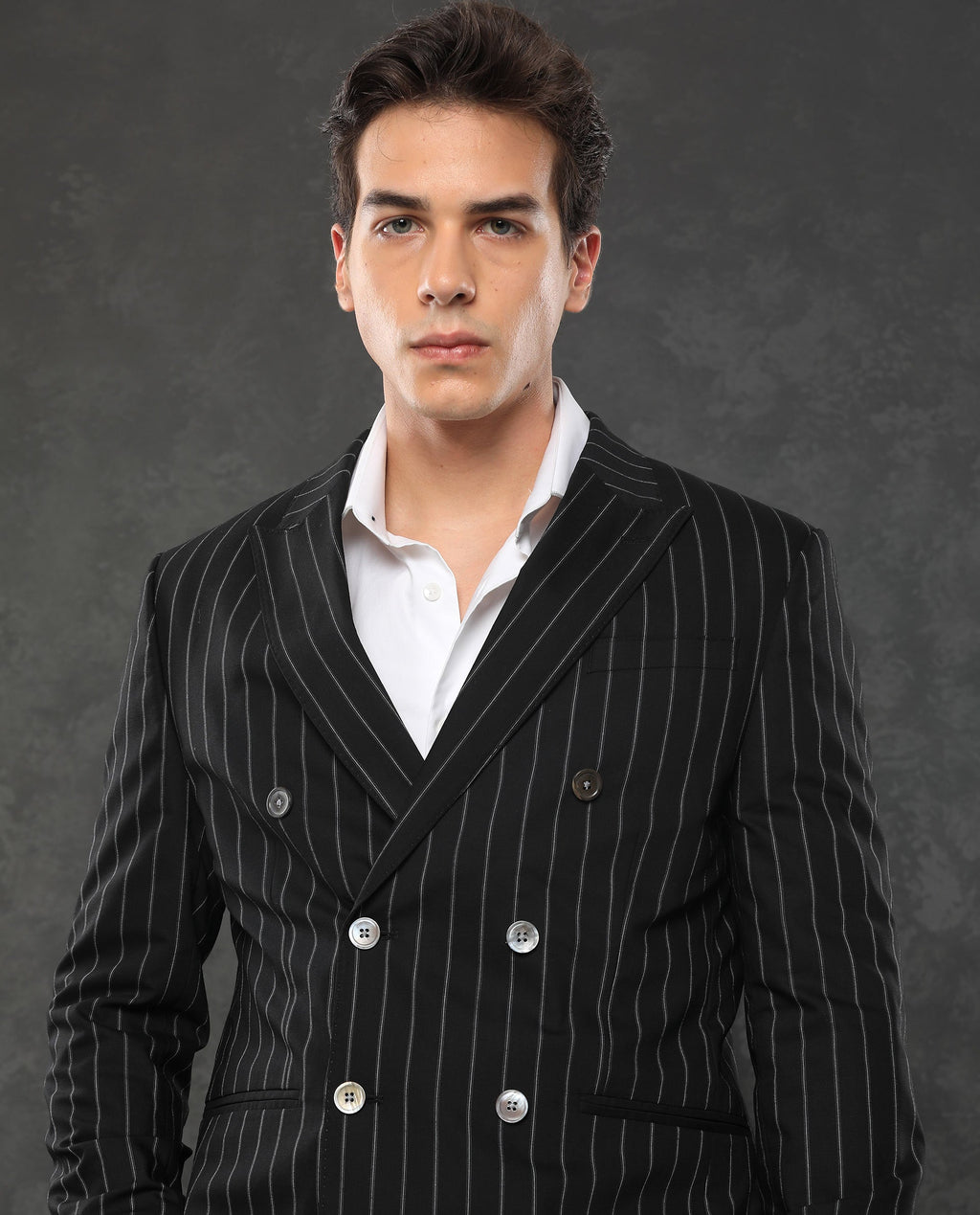 Rare Rabbit Men's Tazy Black Polyester Striped Print Tailored Fit Full Sleeve Lapel Neck Suits