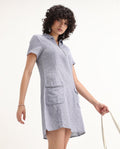 Rareism Women's Luna Blue Linen Spread Collar Striped Knee Length Regular Fit Dress