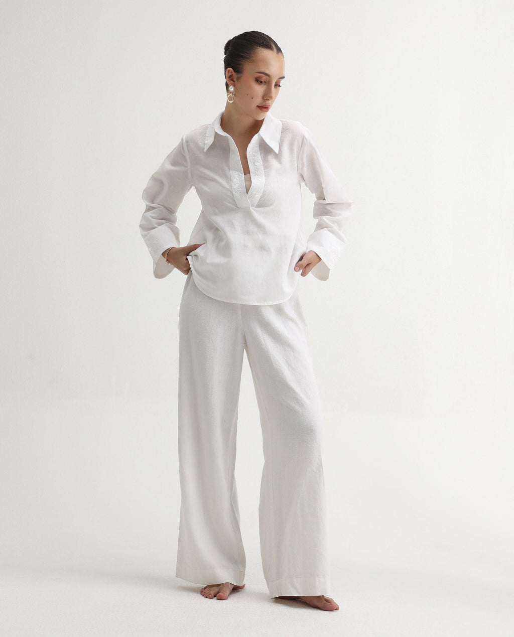 Rareism Women's Sofian White Cotton Blend Spread Collar Plain Bell Sleeve Relaxed Fit Top