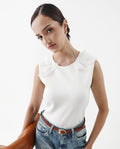 Rareism Women's Janbed Off White Cotton Round Neck Plain Sleeveless Regular Fit T-Shirt