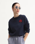 Rareism Women's Greta Navy Cotton Blend Crew Neck Regular Fit Printed Sweatshirt