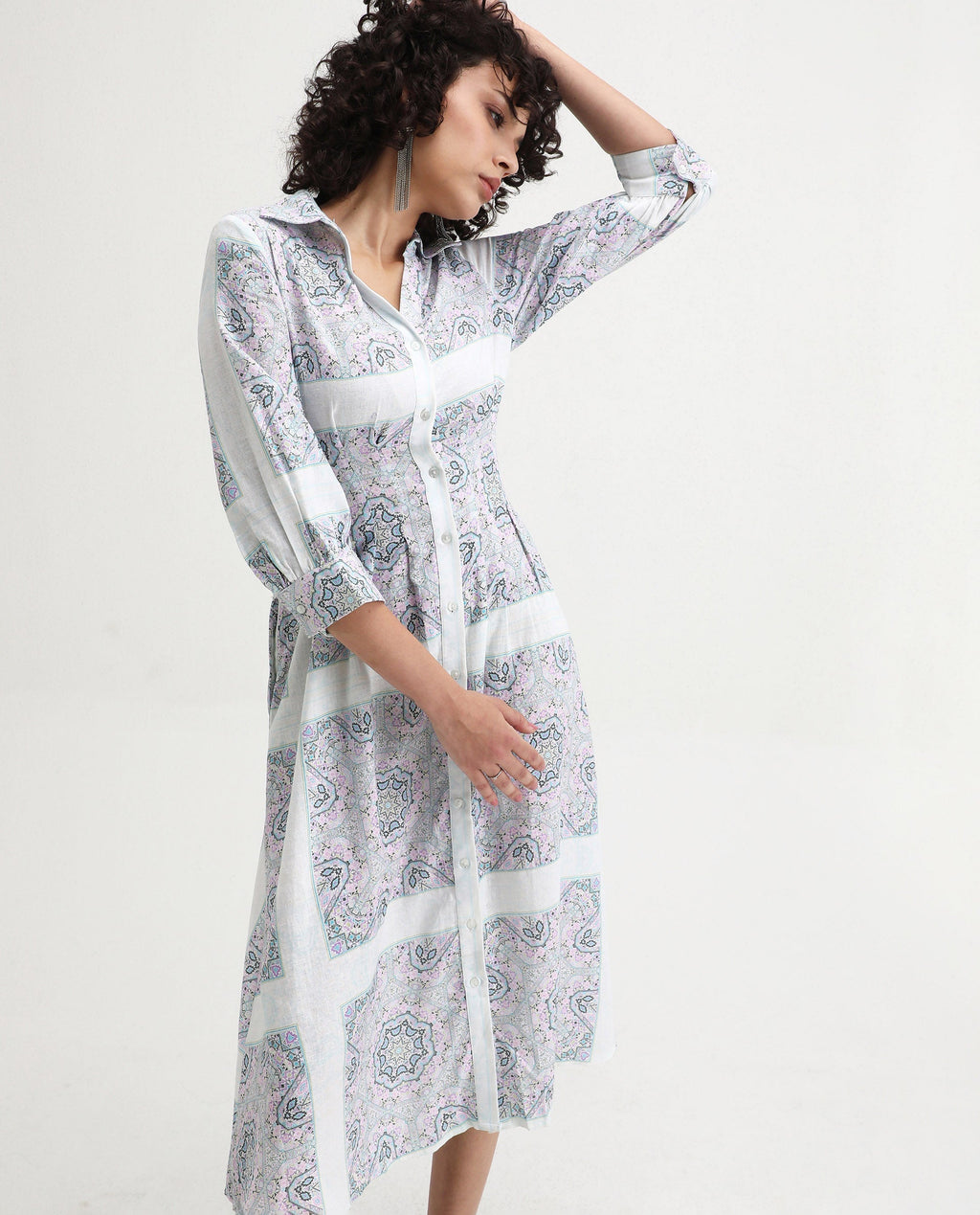 Rareism Women's Dusturn Multi Cotton Blend Drop Collar Bandana Print Cuffed Sleeve Maxi Fit And Flare Dress