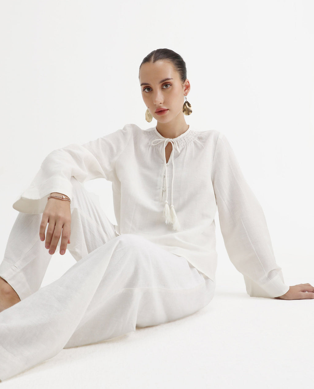 Rareism Women's Joan Light White Tie-Up Neck Plain Relaxed Fit Top